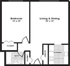 1 BR 1 Bath (Living & Dining) floorplan image