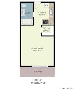 The Studio 348 sf floorplan image