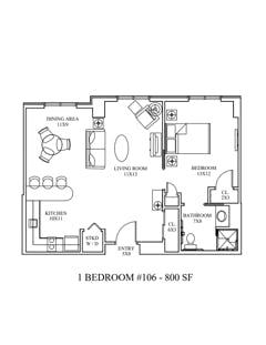 Apartment 1BR. 800 sf floorplan image