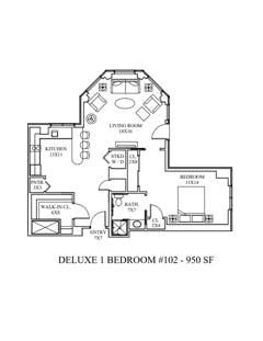 Apartment Deluxe 1BR. 950 sf floorplan image