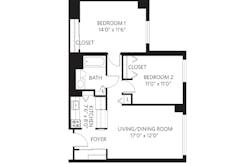2Bedrooms-Unit L with 1Bath floorplan image
