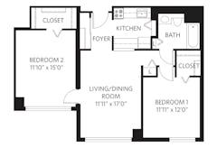 2Bedrooms-Unit R with 1Bath floorplan image