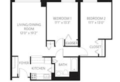 2Bedrooms-Unit S with 1Bath floorplan image