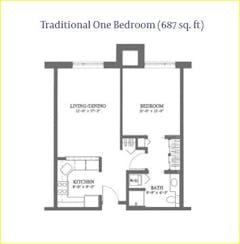 Traditional 1BR 1B floorplan image