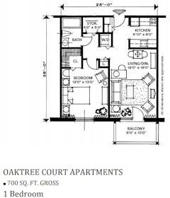 1BR 1B at Oaktree Court Apartments floorplan image