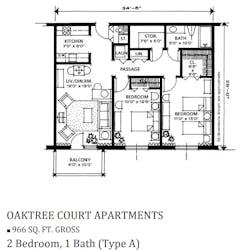 2BR 1B at Oaktree Court Apartments floorplan image