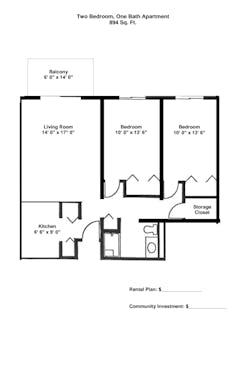 2BR 1B Apartment floorplan image