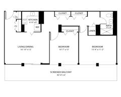 2 Bedrooms with 1 Bath floorplan image