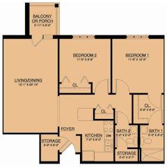 The Monticello 2BR 1.5B with Den- 932 sq ft floorplan image