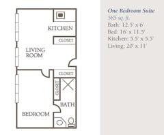 The One Bedroom Suite (585 sqft) at White Oak floorplan image