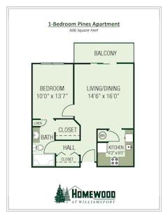 The 1 Bedroom  at Pines Apartment floorplan image