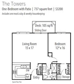 1BR 1B with Patio at The Towers floorplan image
