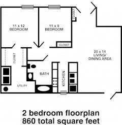 2BR 1B- 860 sq ft floorplan image