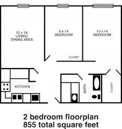 2BR 1B- 855 sq ft floorplan image