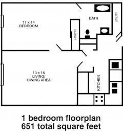 1BR 1B- 651 sq ft floorplan image