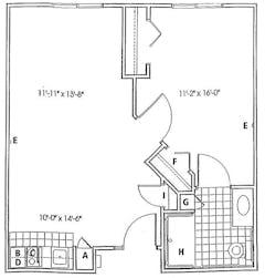 The YellowRose 1BR floorplan image
